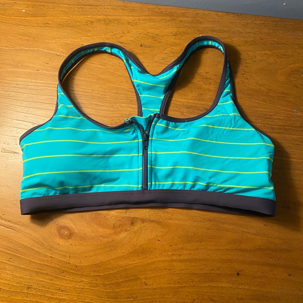 Title Nine Blue Striped Zip up Racerback Bikini Top